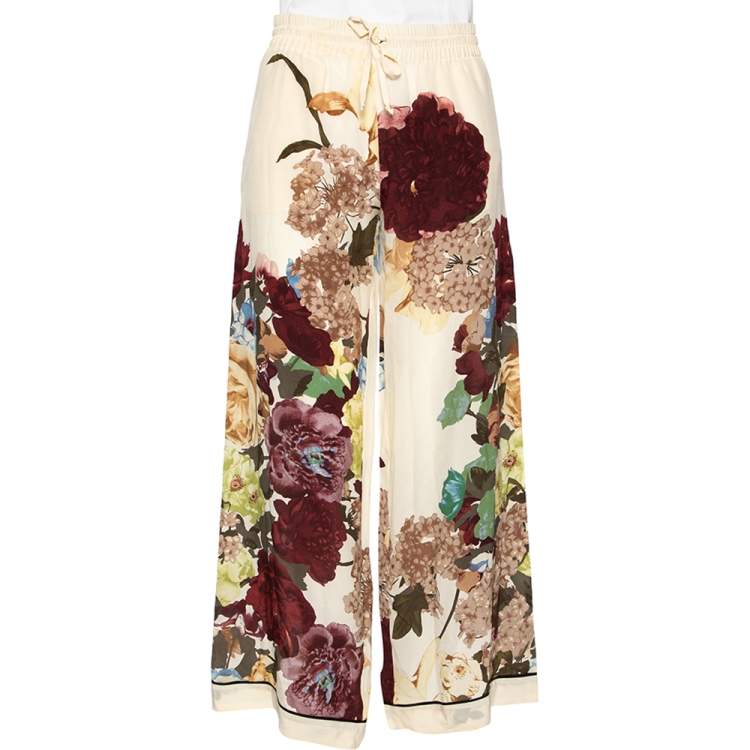Pre Owned Valentino Cream Floral Printed Silk Palazzo Pants S