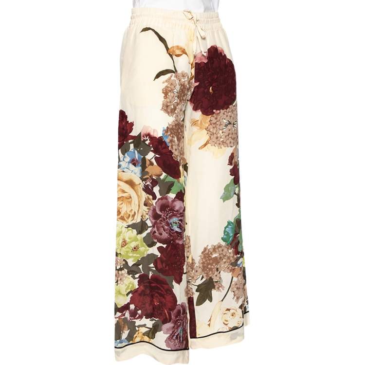 Pre Owned Valentino Cream Floral Printed Silk Palazzo Pants S