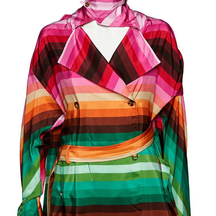 Pre Owned Valentino Multicolor Rainbow Striped Silk Asymmetrical Hem Cape Detail Trench Coat M