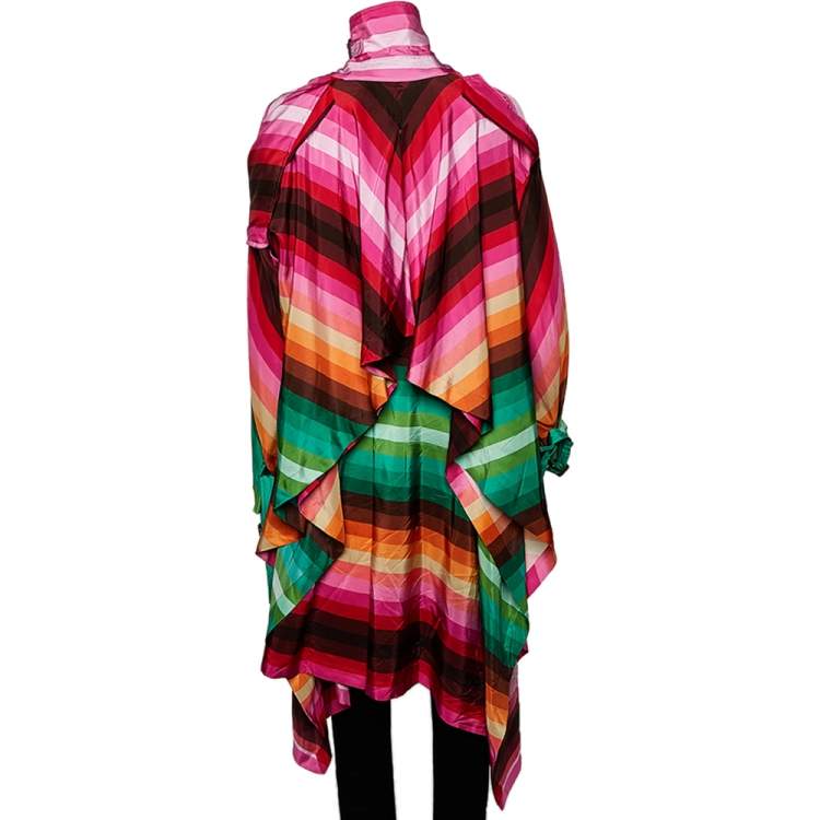 Pre Owned Valentino Multicolor Rainbow Striped Silk Asymmetrical Hem Cape Detail Trench Coat M
