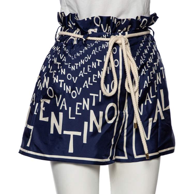 Pre Owned Valentino Blue Logo Print Silk Rope Belted High Waist Shorts M