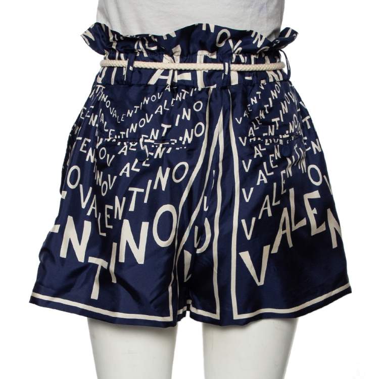 Pre Owned Valentino Blue Logo Print Silk Rope Belted High Waist Shorts M