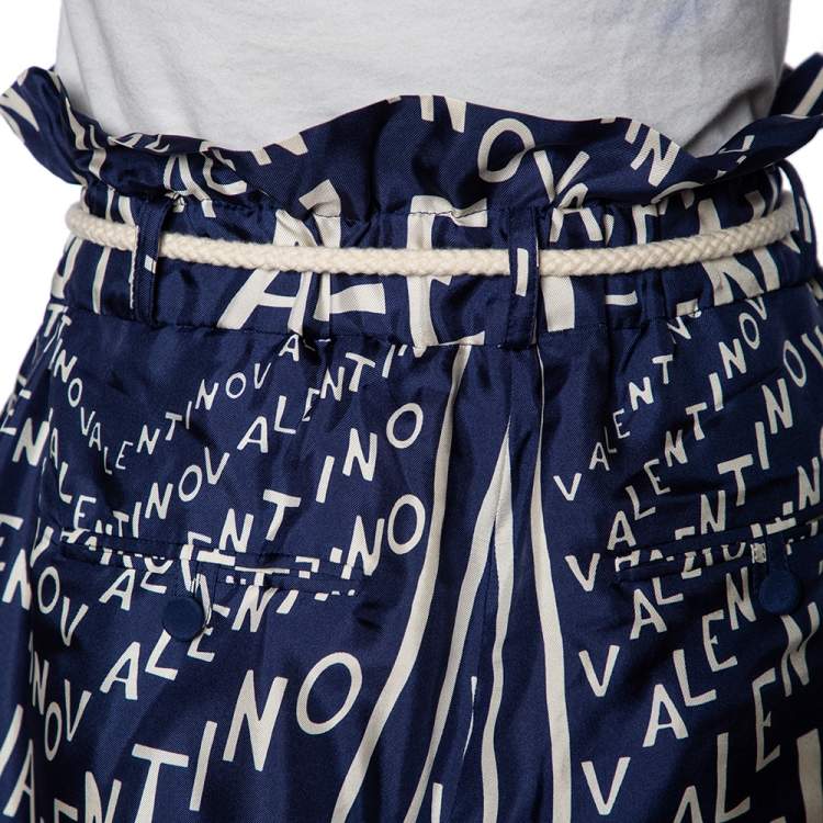Pre Owned Valentino Blue Logo Print Silk Rope Belted High Waist Shorts M