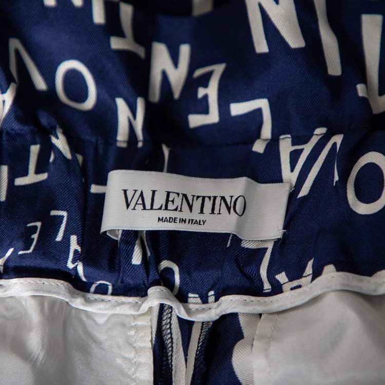 Pre Owned Valentino Blue Logo Print Silk Rope Belted High Waist Shorts M