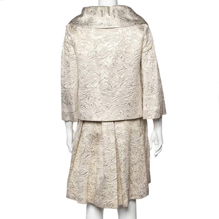 Pre Owned Valentino Gold Embossed Wool & Silk Oversized Collar Blazer & Pleated Mini Skirt M