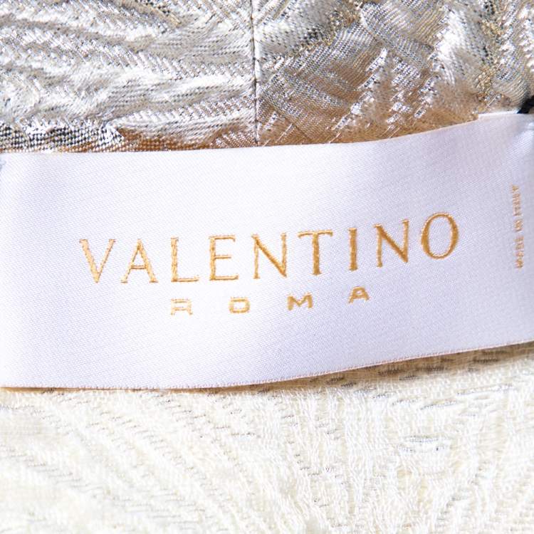 Pre Owned Valentino Gold Embossed Wool & Silk Oversized Collar Blazer & Pleated Mini Skirt M