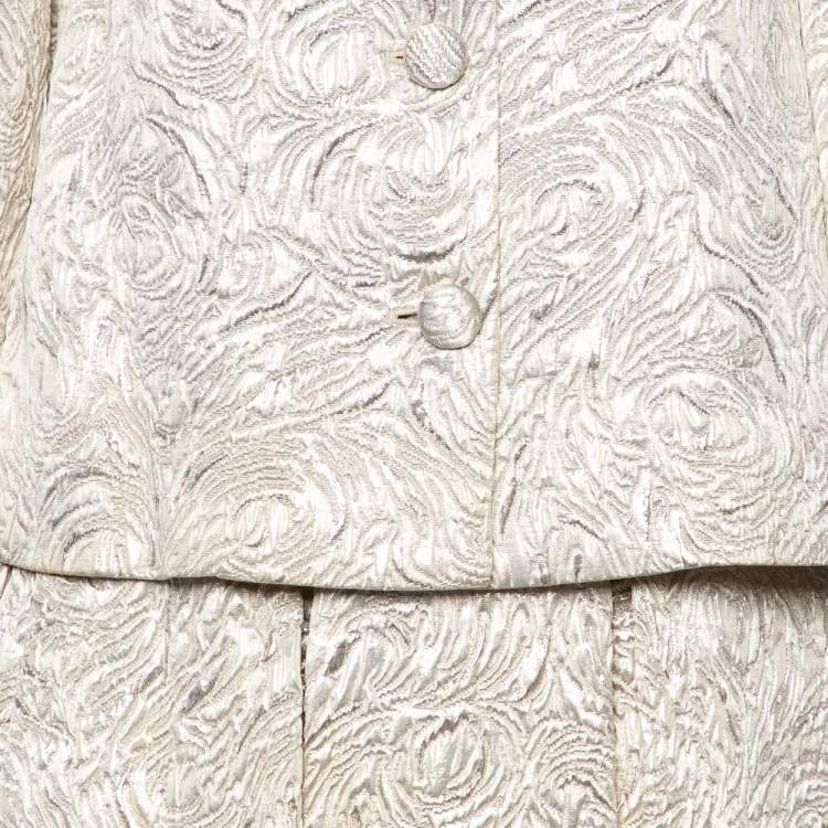 Pre Owned Valentino Gold Embossed Wool & Silk Oversized Collar Blazer & Pleated Mini Skirt M