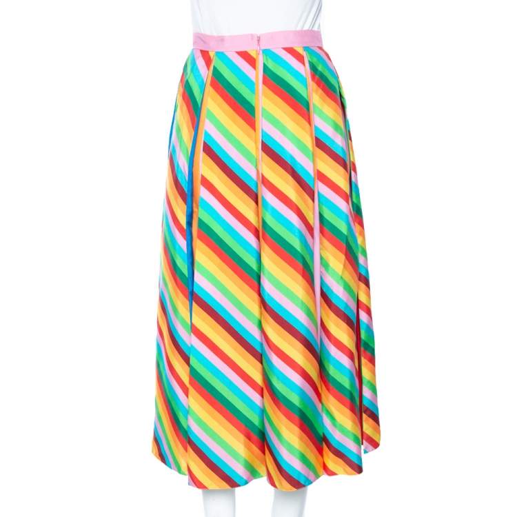 Pre Owned Valentino Multicolored Striped Silk Pleated Midi Skirt M