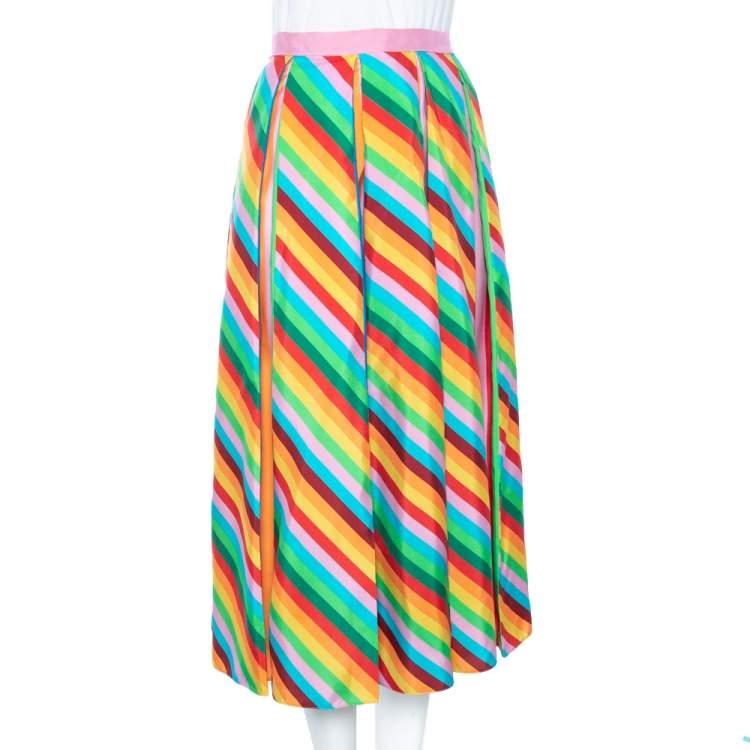 Pre Owned Valentino Multicolored Striped Silk Pleated Midi Skirt M