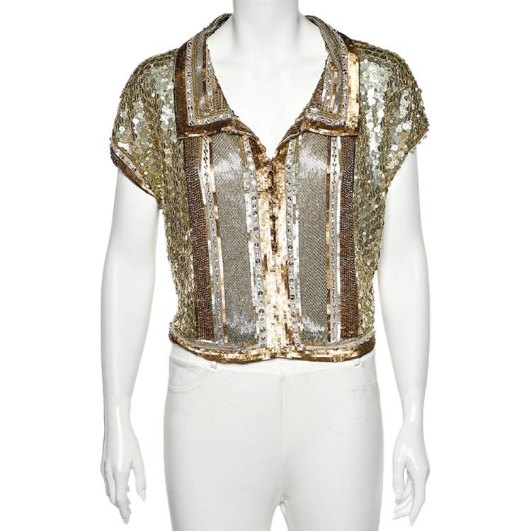 Pre Owned Valentino Gold Embellished Cap Sleeve Crop Top L