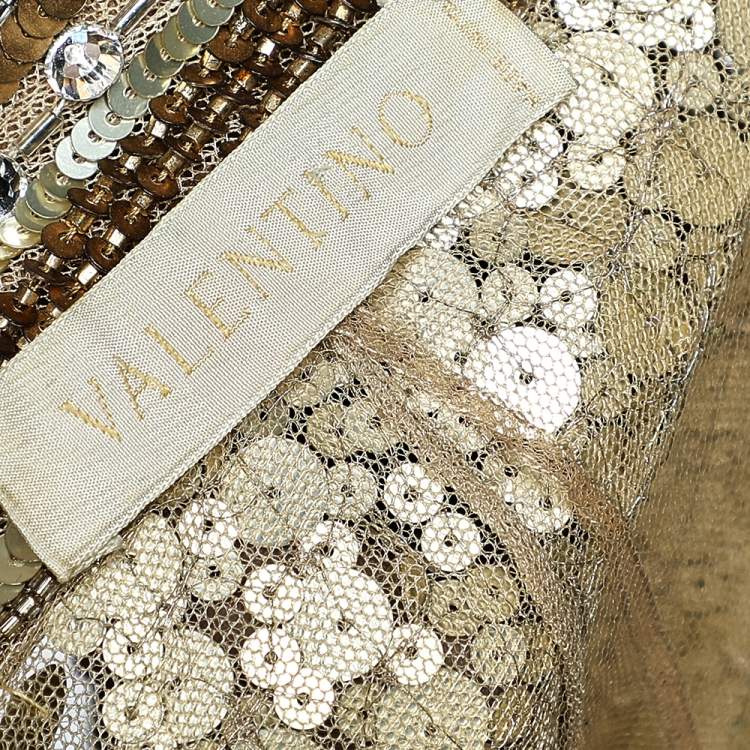 Pre Owned Valentino Gold Embellished Cap Sleeve Crop Top L