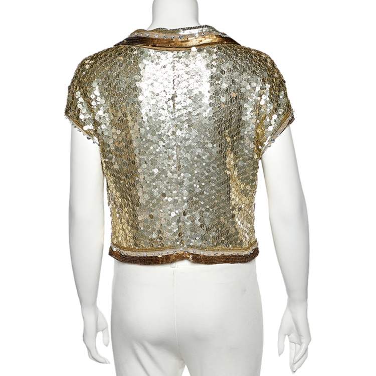 Pre Owned Valentino Gold Embellished Cap Sleeve Crop Top L