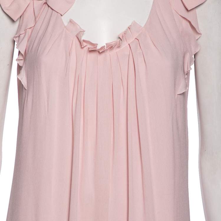 Pre Owned Valentino Pink Chiffon Bow Applique Pleated Yolk Detailed Shift Dress M