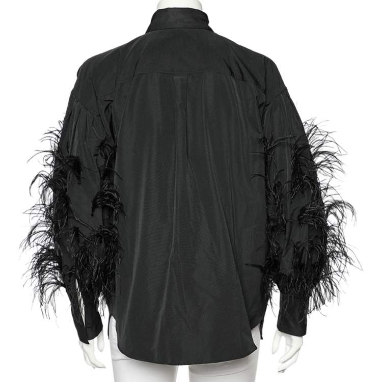 Pre Owned Valentino Black Cotton & Ostrich Feather Detailed Button Front Shirt M