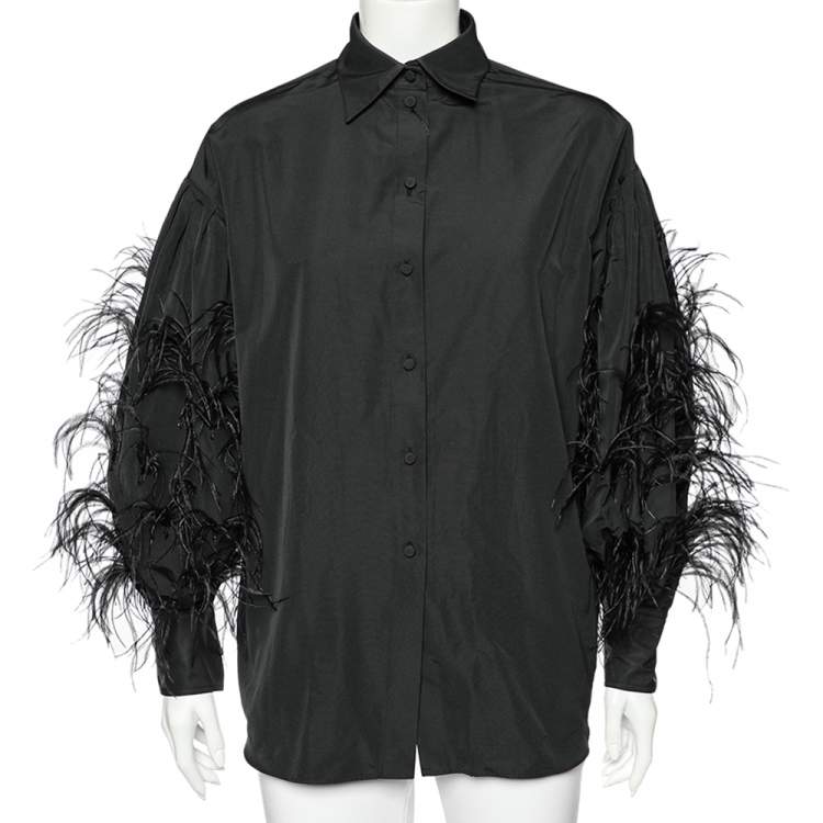 Pre Owned Valentino Black Cotton & Ostrich Feather Detailed Button Front Shirt M