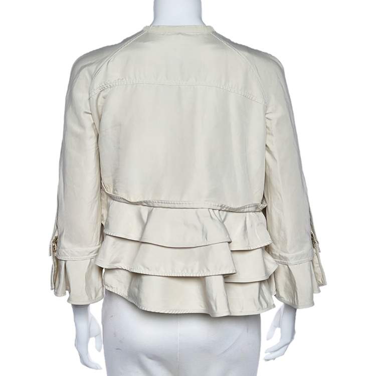 Pre Owned Valentino Cream Ruffled Cotton Zip Front Jacket M