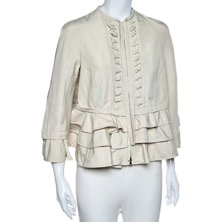 Pre Owned Valentino Cream Ruffled Cotton Zip Front Jacket M