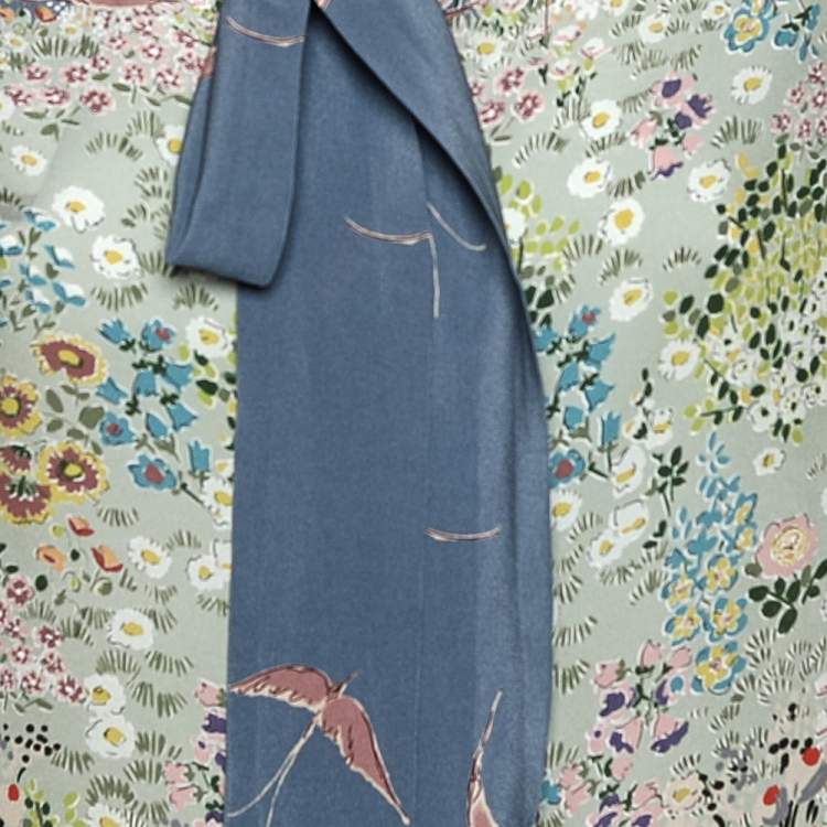Pre Owned Valentino Multicolored Printed Silk Neck Tie Detail Button Front Blouse L 