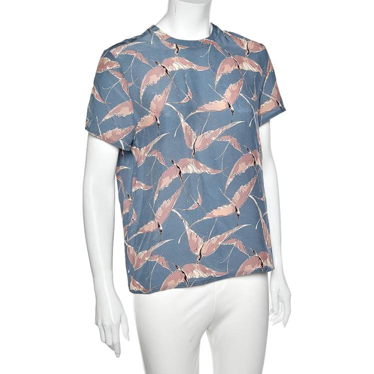 Pre Owned Valentino Blue Bird Printed Silk Top M