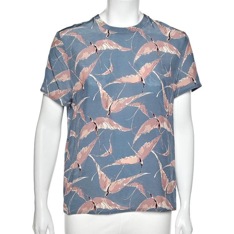 Pre Owned Valentino Blue Bird Printed Silk Top M