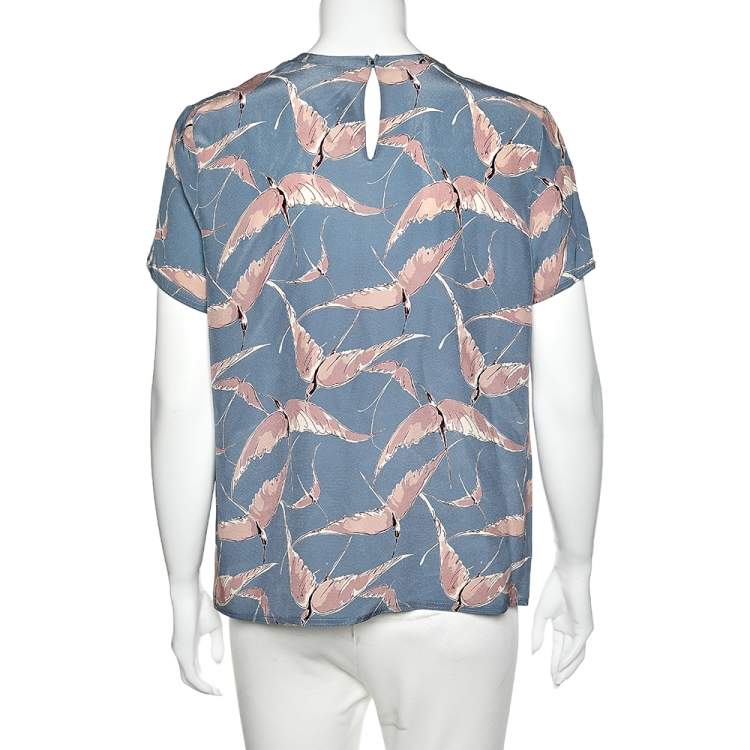 Pre Owned Valentino Blue Bird Printed Silk Top M