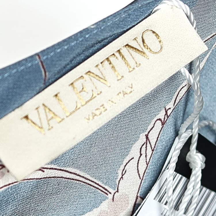Pre Owned Valentino Blue Bird Printed Silk Top M