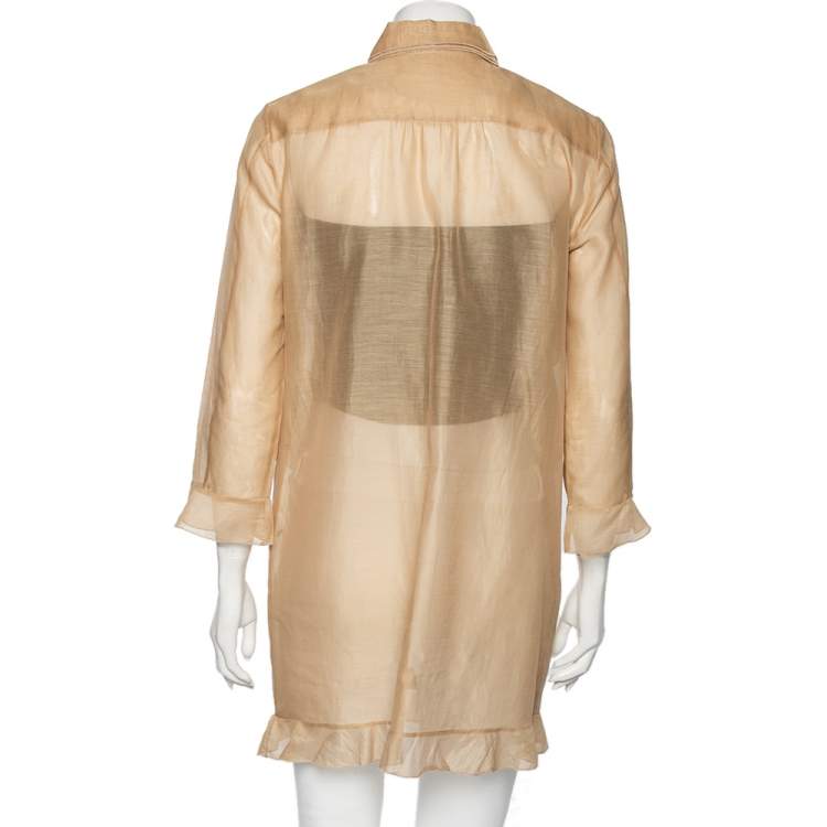 Pre Owned Valentino Beige Cotton & Silk Ruffled Overlay Button Front Tunic M