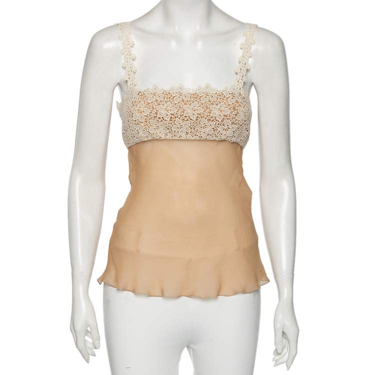 Pre Owned Valentino Beige Silk & Lace Trimmed Sleeveless Camisole M