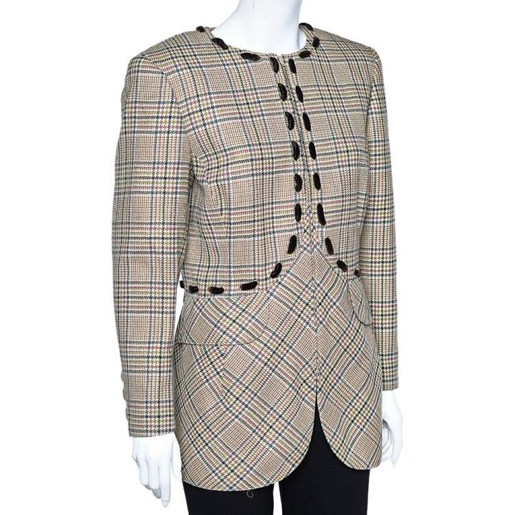 Pre Owned Valentino Boutique Beige Prince Of Wales Check Wool Blazer L