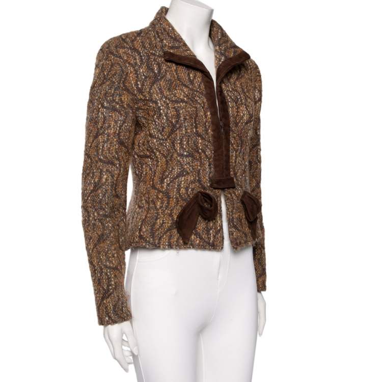 Pre Owned Valentino Brown Boucle Knit & Suede Trimmed Zip Front Jacket L