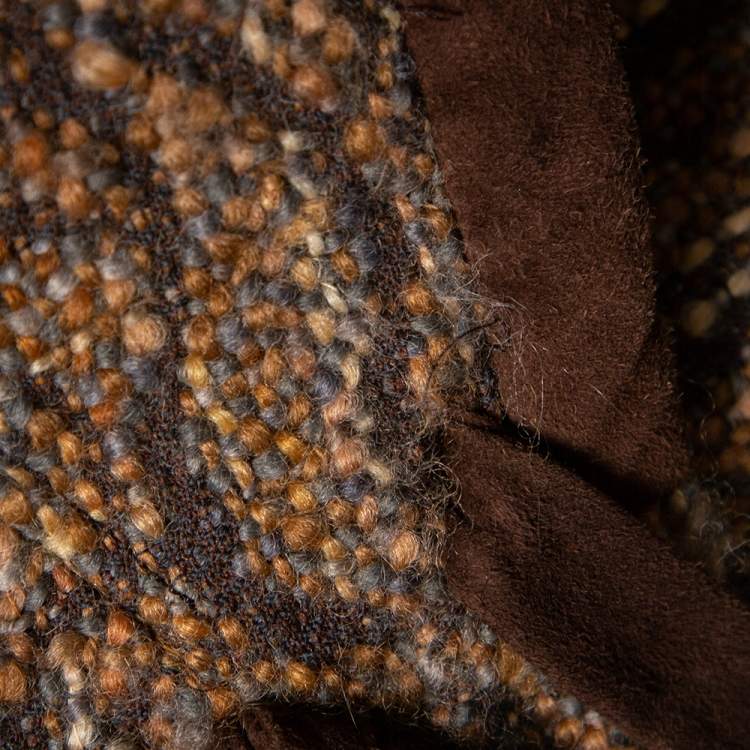 Pre Owned Valentino Brown Boucle Knit & Suede Trimmed Zip Front Jacket L