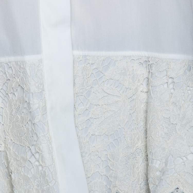 Pre Owned Valentino White Cotton & Lace Trim Detailed Scalloped Hem Blouse L