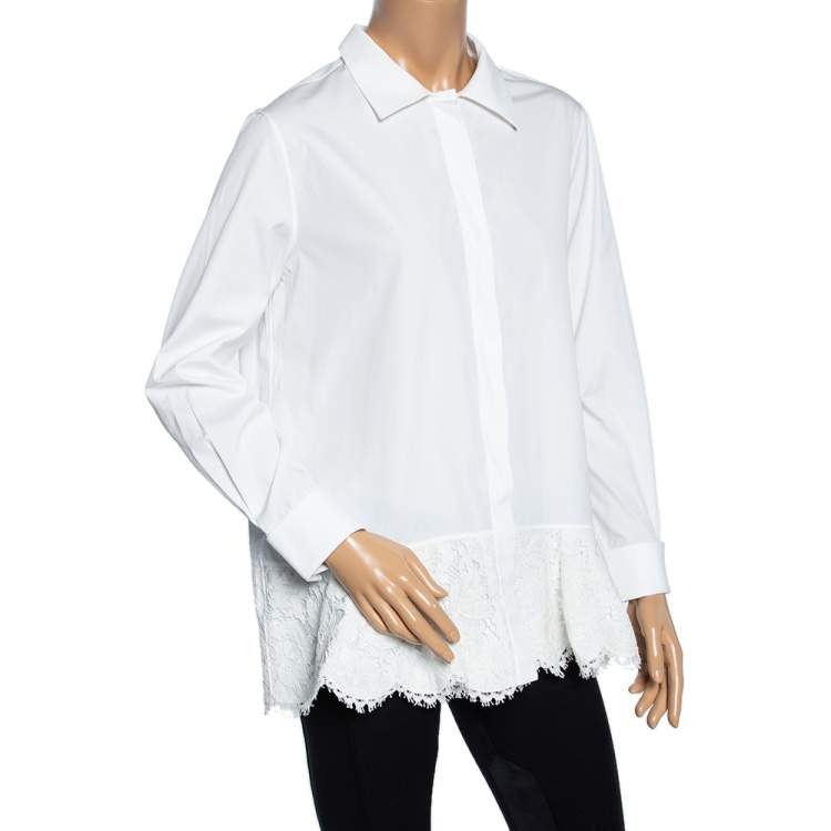 Pre Owned Valentino White Cotton & Lace Trim Detailed Scalloped Hem Blouse L