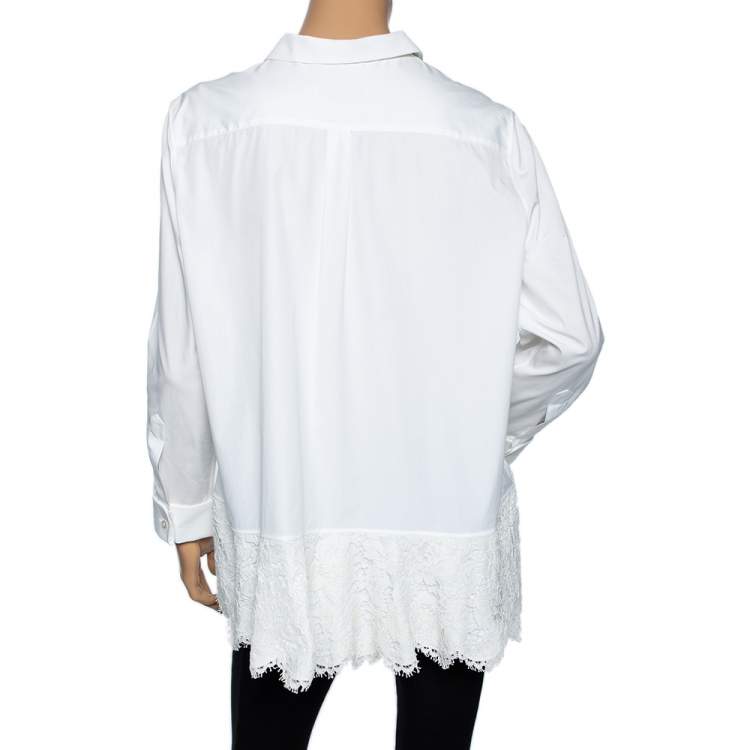 Pre Owned Valentino White Cotton & Lace Trim Detailed Scalloped Hem Blouse L