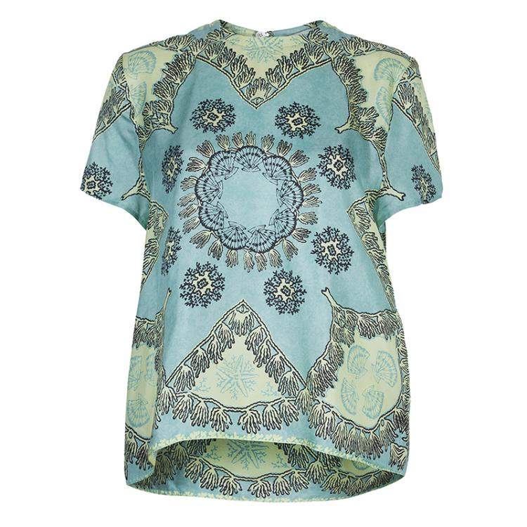 Pre Owned Valentino Mint Green Printed Short Sleeve Silk Top M