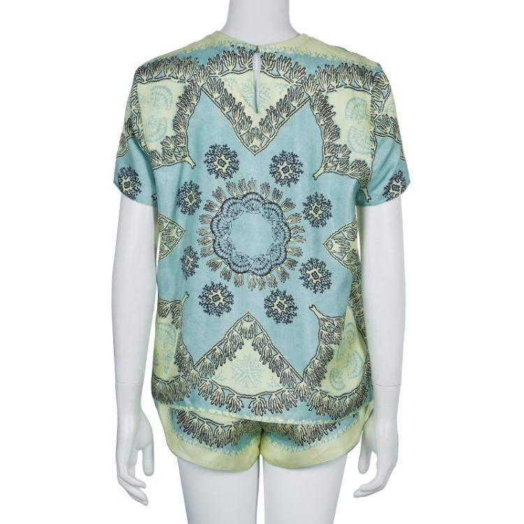 Pre Owned Valentino Mint Green Printed Short Sleeve Silk Top M