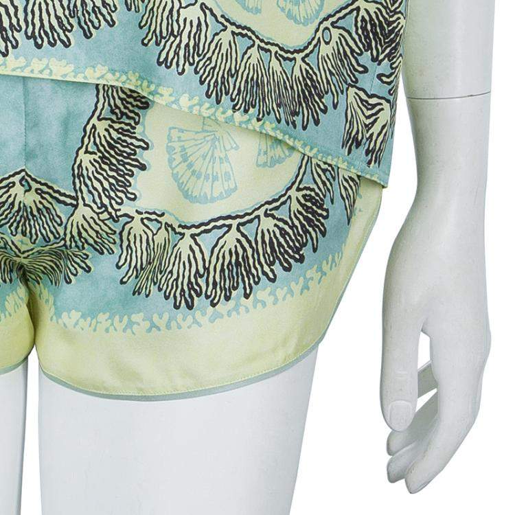 Pre Owned Valentino Mint Green Printed Short Sleeve Silk Top M