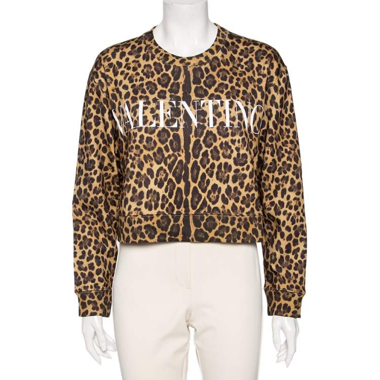 Pre Owned Valentino Brown Leopard Printed Cotton Cropped Sweatshirt L