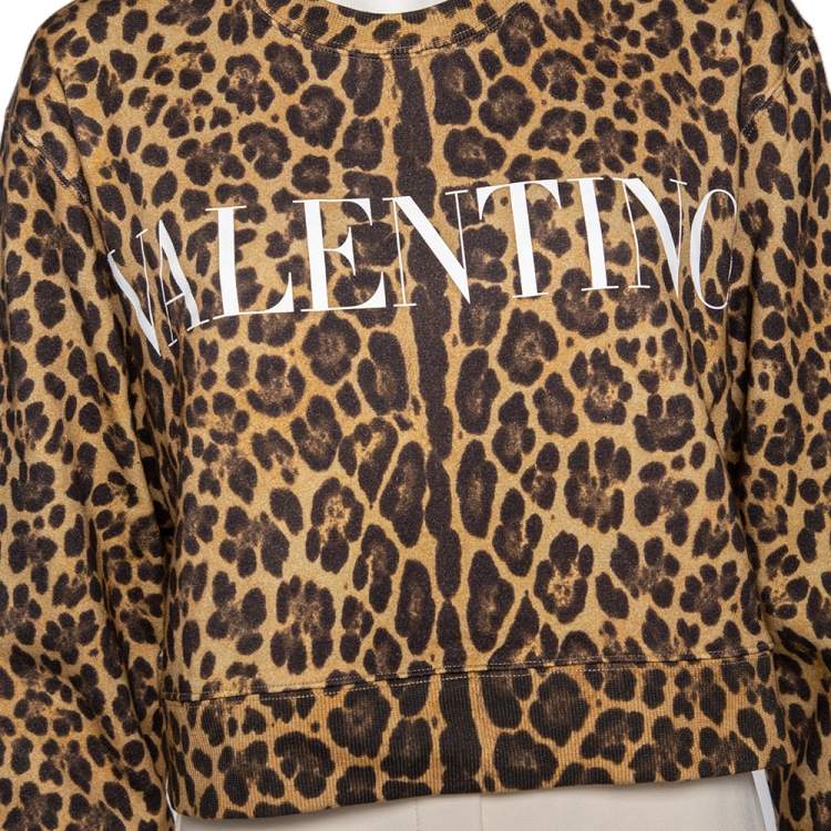 Pre Owned Valentino Brown Leopard Printed Cotton Cropped Sweatshirt L