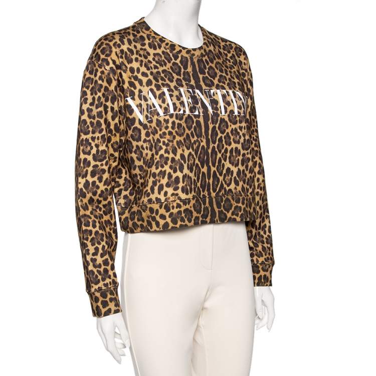 Pre Owned Valentino Brown Leopard Printed Cotton Cropped Sweatshirt L