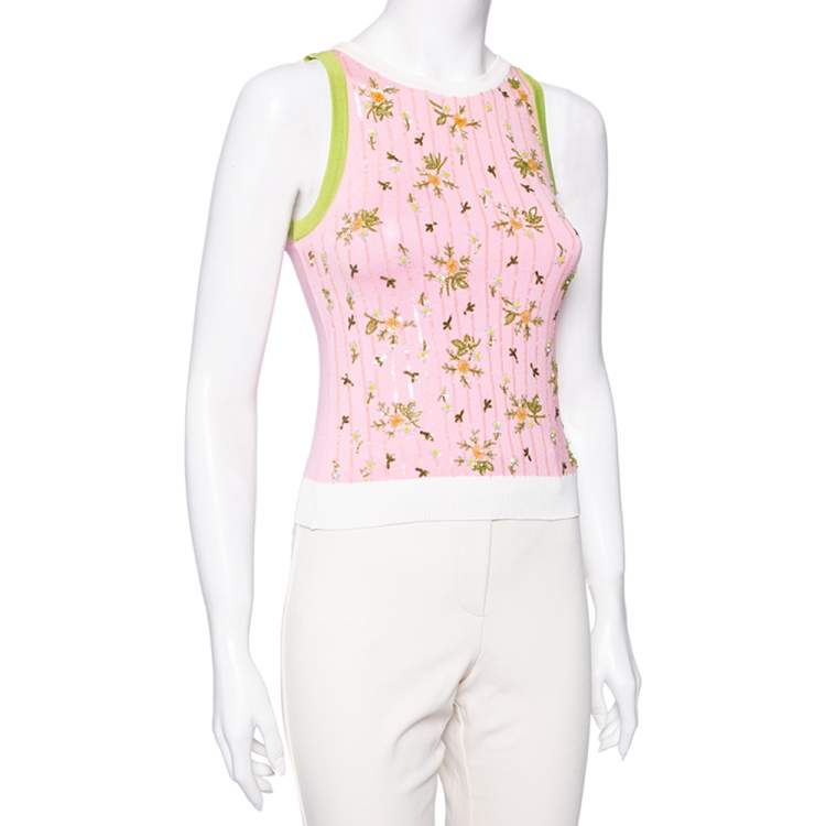 Pre Owned Valentino Pink Floral Embellished Knit Cross Back Top S 