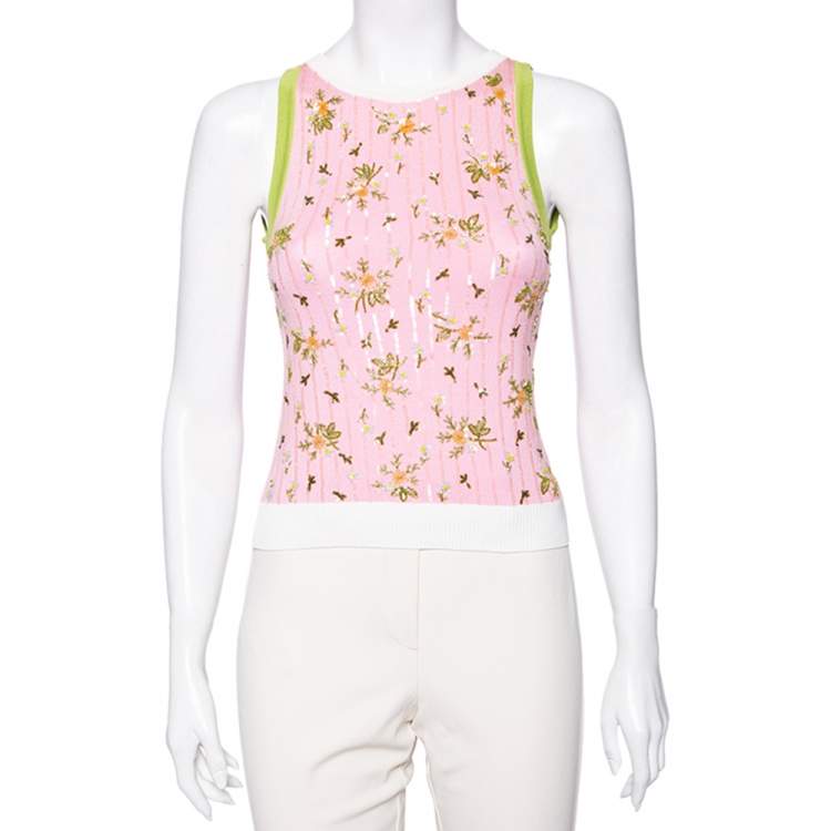Pre Owned Valentino Pink Floral Embellished Knit Cross Back Top S 