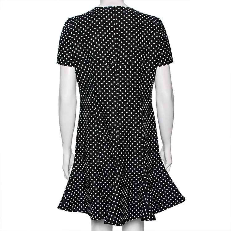 Pre Owned Valentino Black Polka Dotted Wool Flared Hem Detailed Dress L