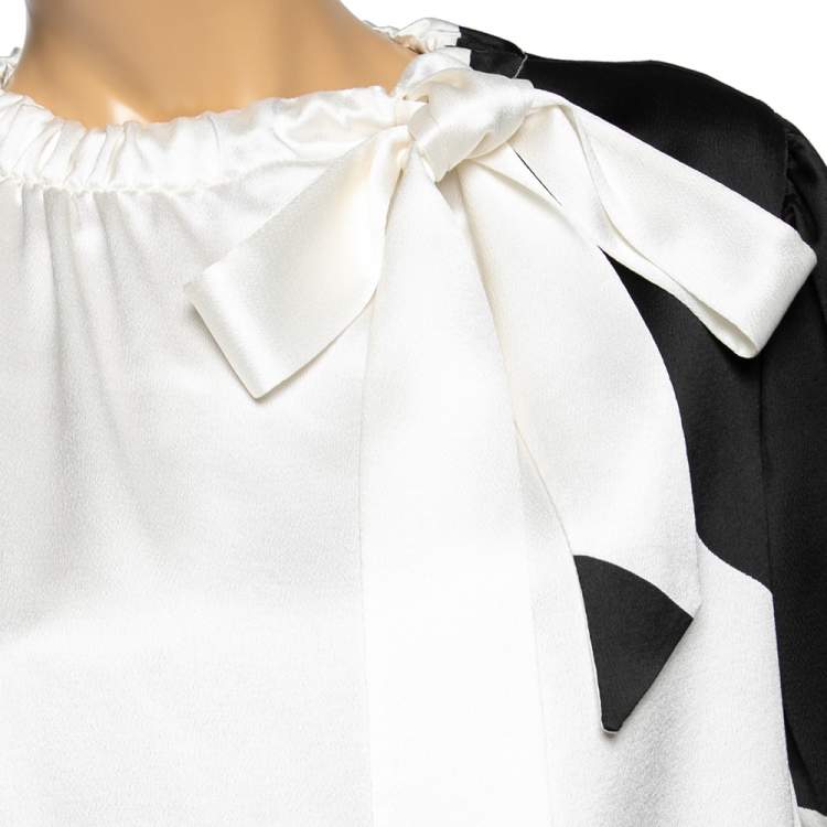 Pre Owned Valentino Monochrome Printed Satin Neck Tie Detail Blouse M