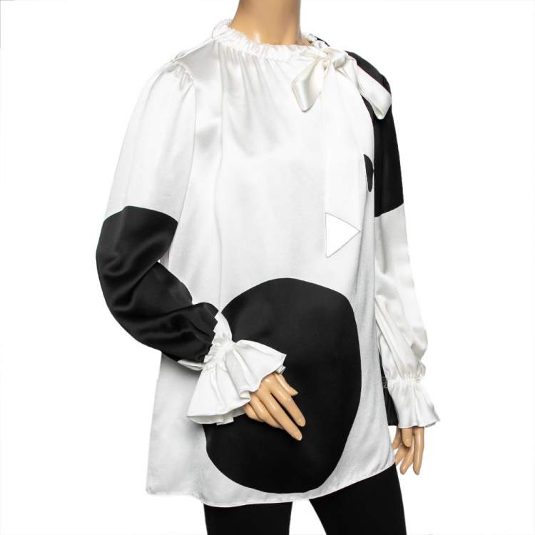 Pre Owned Valentino Monochrome Printed Satin Neck Tie Detail Blouse M