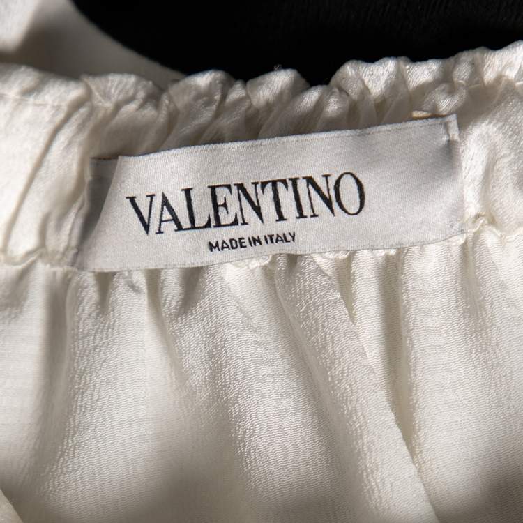 Pre Owned Valentino Monochrome Printed Satin Neck Tie Detail Blouse M