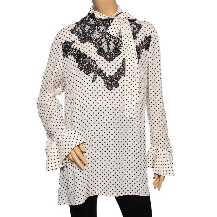 Pre Owned Valentino Cream Polka Dotted Silk Lace Trimmed Neck Tie Detailed Blouse L