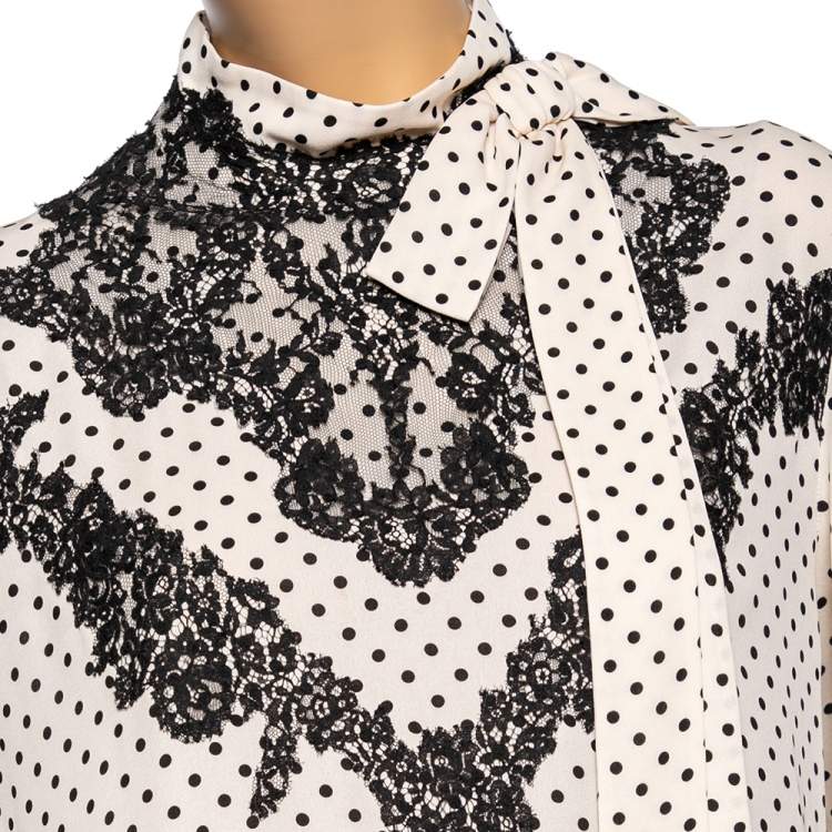Pre Owned Valentino Cream Polka Dotted Silk Lace Trimmed Neck Tie Detailed Blouse L