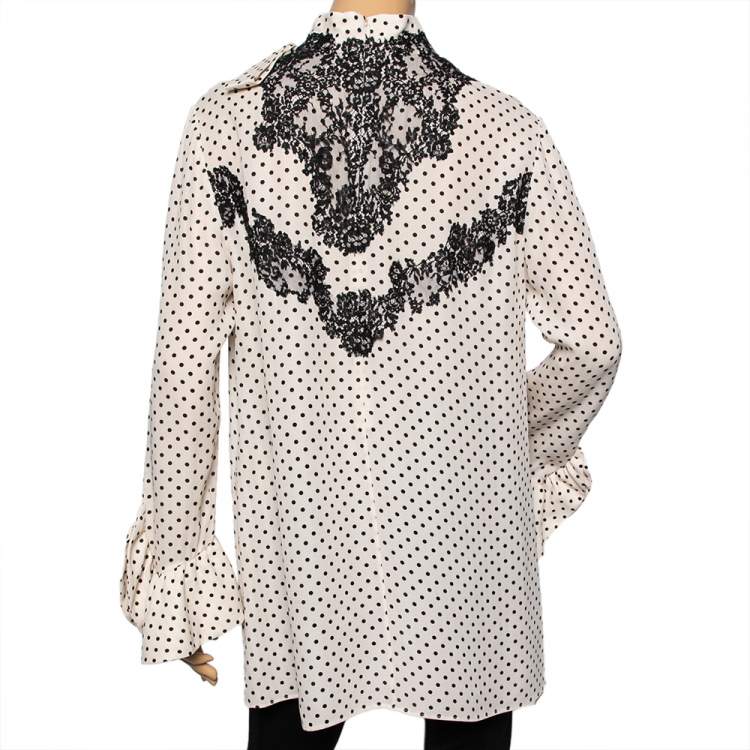 Pre Owned Valentino Cream Polka Dotted Silk Lace Trimmed Neck Tie Detailed Blouse L