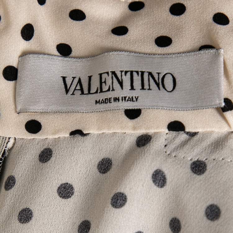 Pre Owned Valentino Cream Polka Dotted Silk Lace Trimmed Neck Tie Detailed Blouse L